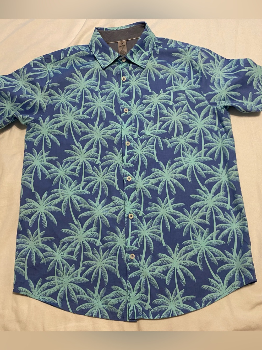 NEW Men’s S Hurley Blue Short Sleeve Shirt with Mint Green Palm Print